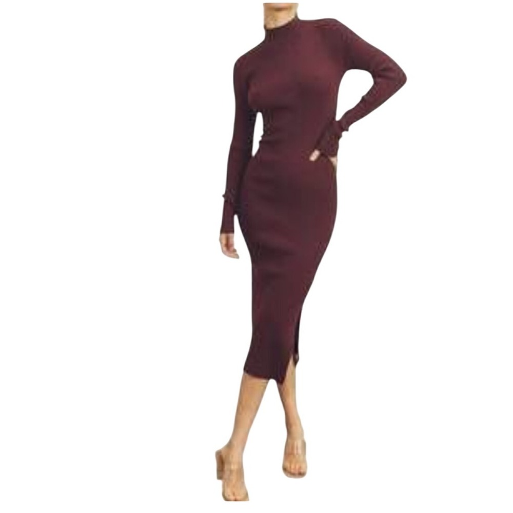 Dress Forum Burgundy Ribbed Mock Neck Long Sleeve High Slit‎ Midi Dress Size S
